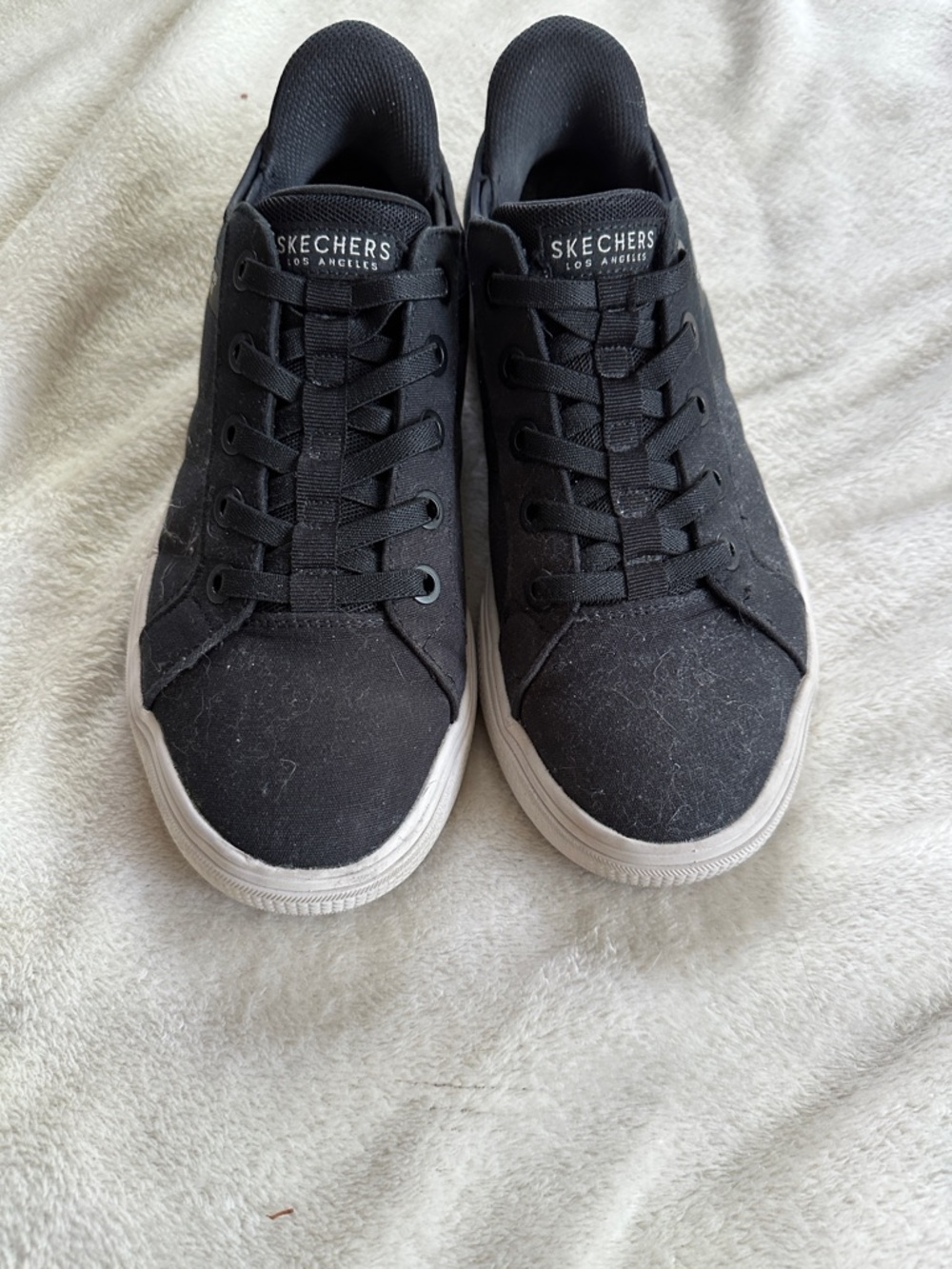 Skechers Men's Black Canvas Sneakers with White Soles slip ins